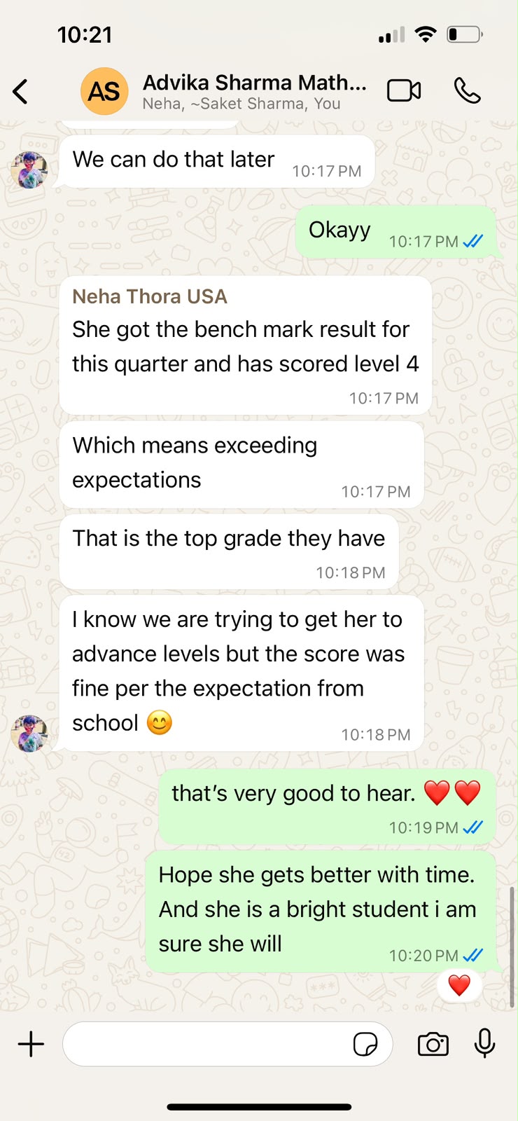 Parent review from Neha Thora about Advika Sharma's benchmark results