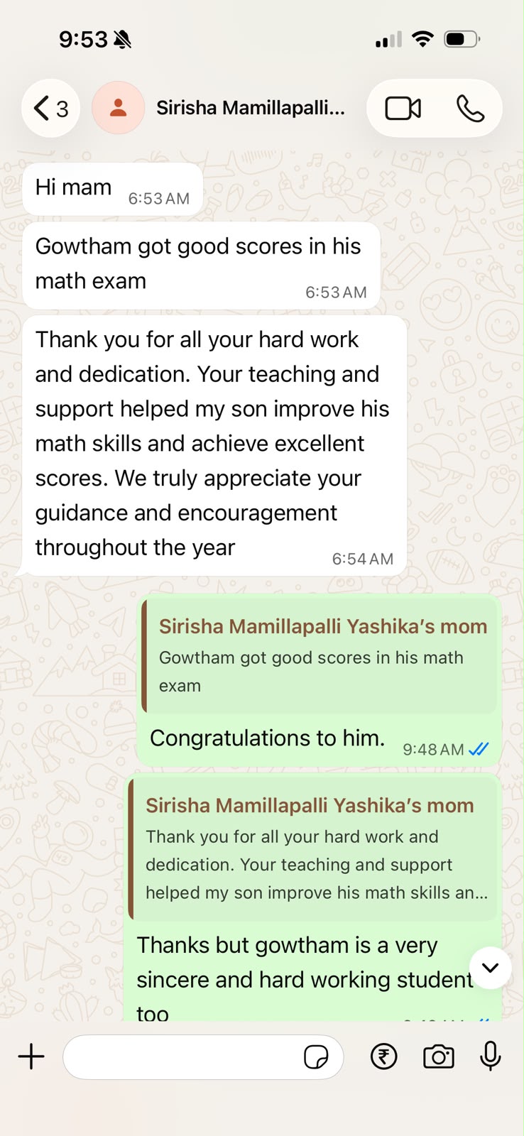 Parent review from Sirisha Mamillapalli about Gowtham's math exam scores