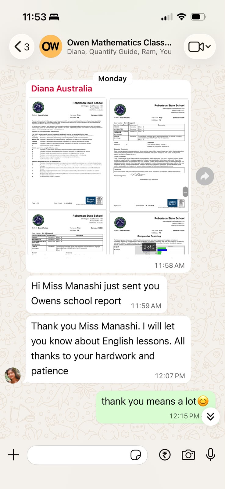 Parent review from Diana Australia about Owen's school report